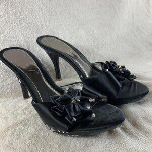 Roov Womens Size 6.5  Black Bow Rhinestones Peep Toe 3.5Heels Pump Shoes READ‌